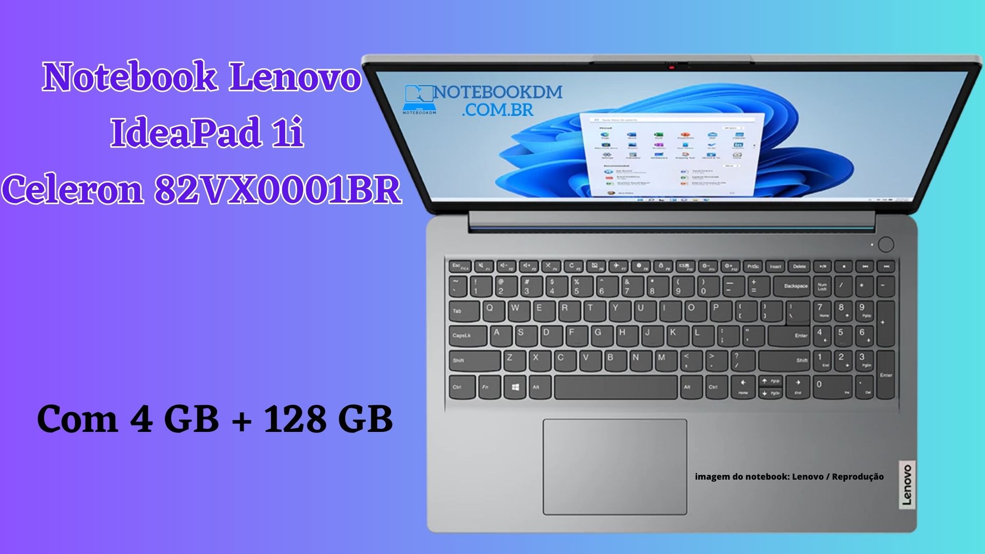 Notebook Lenovo IdeaPad 1i Celeron 82VX0001BR 4GB + 128GB Notebook para estudar ou navegar na internet e assistir filmes ou séries