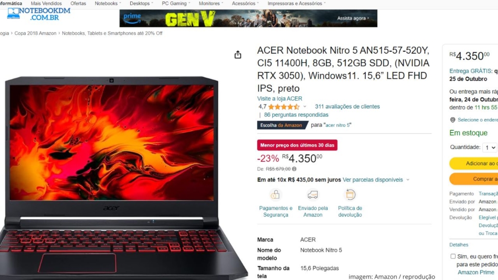 ACER Notebook Nitro 5 AN515-57-520Y | Por R$4.350,00 á vista