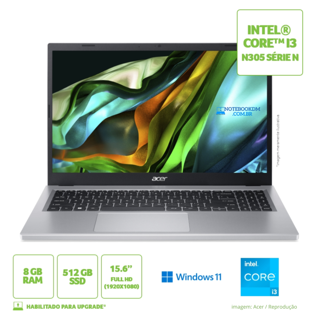 O Acer Aspire 3 A315-510P-35D2 se destaca com sua configuração intermediária, que conta com um excelente processador Intel Core i3-N305 da série N, memória RAM 8 GB LPDDR5 e um SSD NVMe de 256 GB.