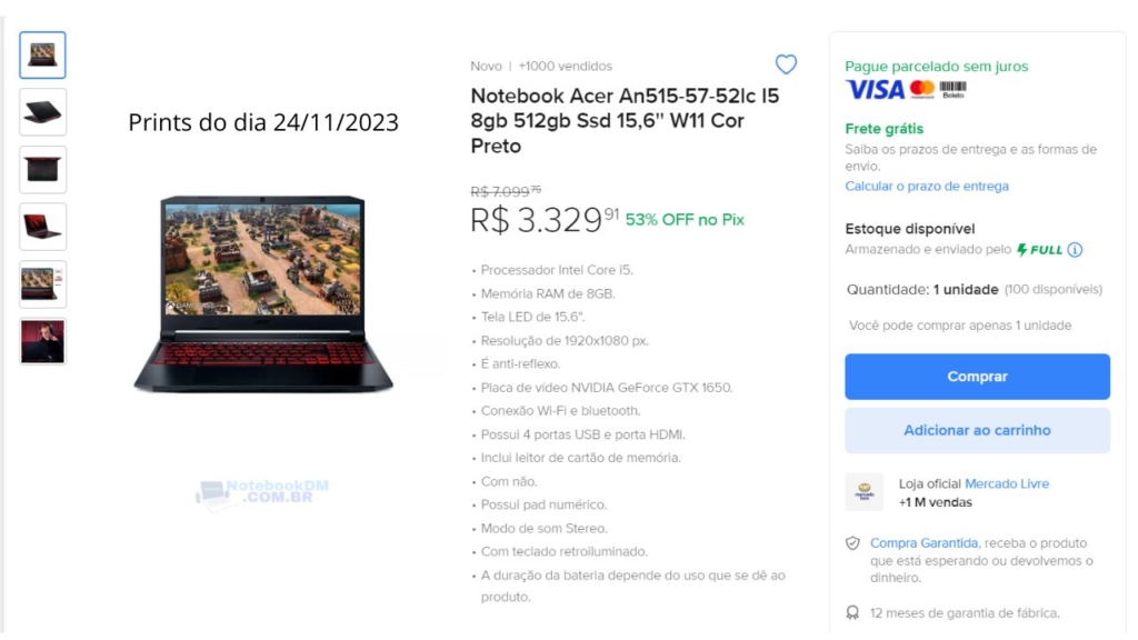Nitro 5 com GTX 1650 + TELA 144 HZ - Core i5-11400H​