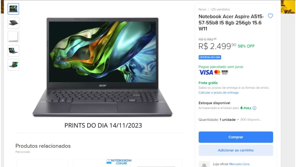 Notebook Acer Aspire 5 A515-57-55B8 na Black Friday
