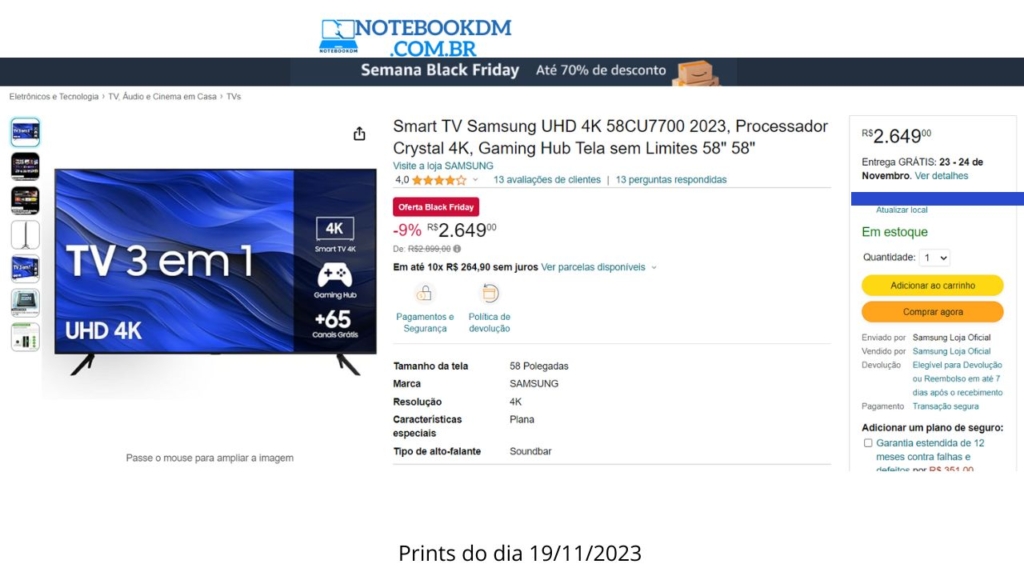 TV Samsung na Black Friday 2023