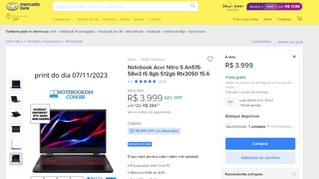 Ele já está participando da Black Friday na loja Mercado Livre e por isso têm que aproveitar a oferta.
