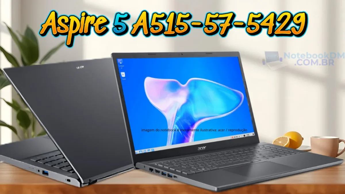 notebook é um Acer Aspire 5 A515-57-5429, é um modelo que tem um belo design, com a carcaça construída com plástico, a parte da tampa da tela é em alumínio.