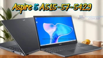 notebook é um Acer Aspire 5 A515-57-5429, é um modelo que tem um belo design, com a carcaça construída com plástico, a parte da tampa da tela é em alumínio.
