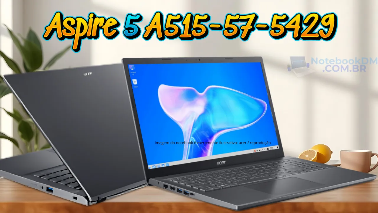notebook é um Acer Aspire 5 A515-57-5429, é um modelo que tem um belo design, com a carcaça construída com plástico, a parte da tampa da tela é em alumínio.