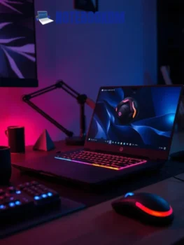 Um laptop gamer moderno de última geração, com design elegante e iluminação RGB, posicionado em uma mesa de madeira escura, com acessórios de jogo ao redor, como um mouse gamer e um teclado mecânico iluminado, ambiente de jogo imersivo com luz suave, atmosfera tecnológica e vibrante. drivers da NVIDIA para Nitro V15