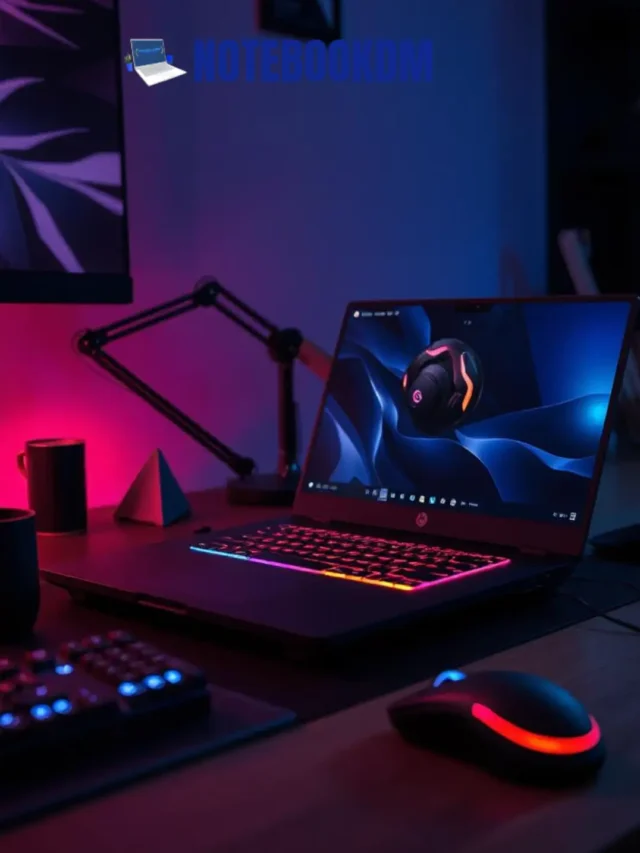 Um laptop gamer moderno de última geração, com design elegante e iluminação RGB, posicionado em uma mesa de madeira escura, com acessórios de jogo ao redor, como um mouse gamer e um teclado mecânico iluminado, ambiente de jogo imersivo com luz suave, atmosfera tecnológica e vibrante. drivers da NVIDIA para Nitro V15