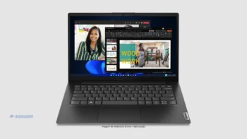 Notebook Lenovo V14 G4 com Ryzen 3 7320U e SSD de 256GB visto de frente, cor preta