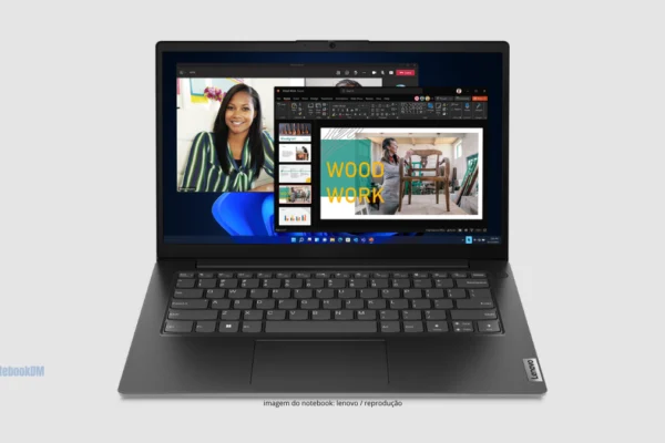 Notebook Lenovo V14 G4 com Ryzen 3 7320U e SSD de 256GB visto de frente, cor preta