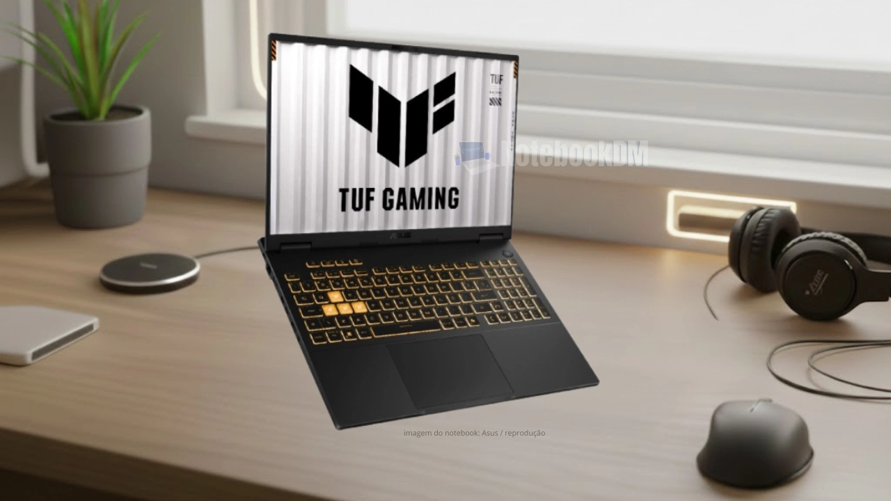 Notebook ASUS TUF Gaming F16 RV122W com Intel i5 14450HX e RTX 5050 GDDR7 aberto exibindo tela de 16 polegadas 165Hz