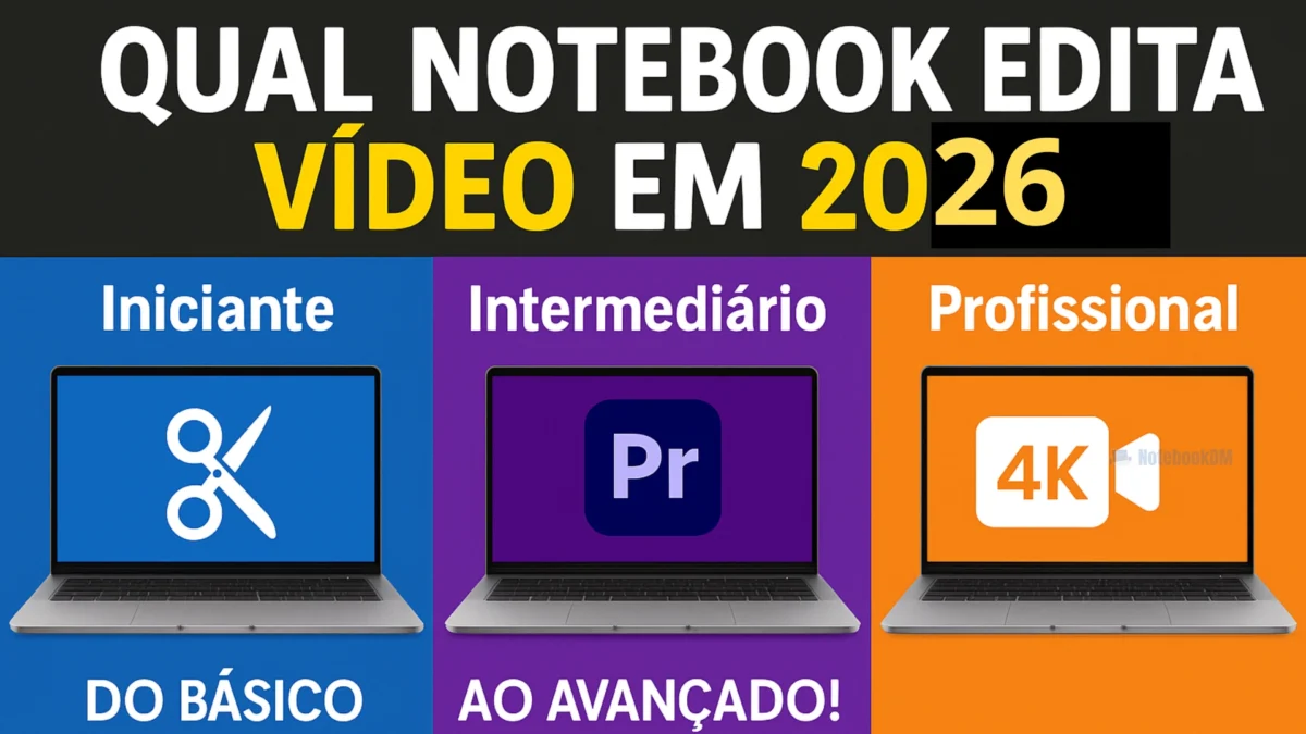 Notebook ideal para edição de vídeo em 2026 com timeline aberta em software profissional