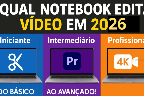 Notebook ideal para edição de vídeo em 2026 com timeline aberta em software profissional