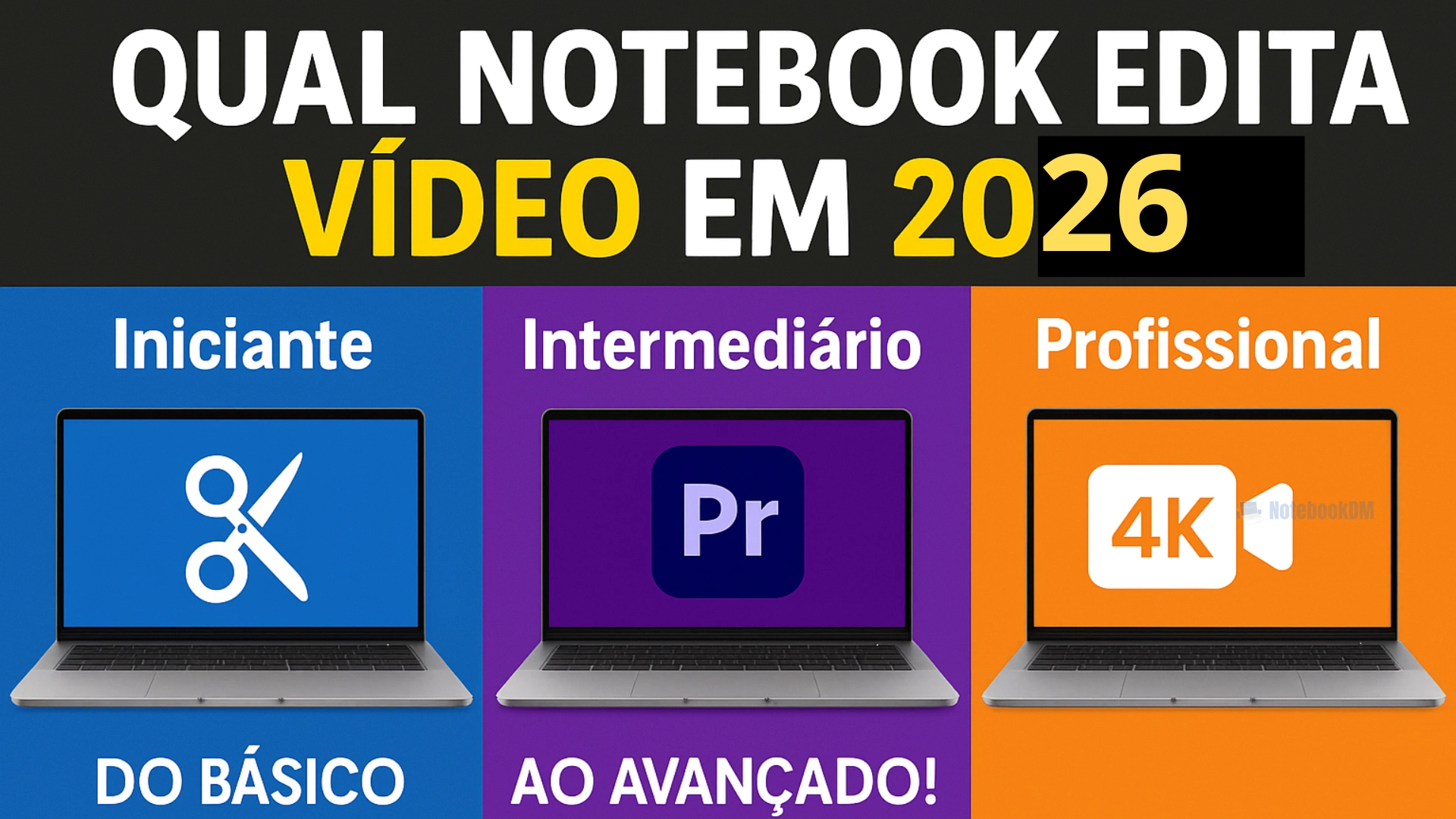 Notebook ideal para edição de vídeo em 2026 com timeline aberta em software profissional