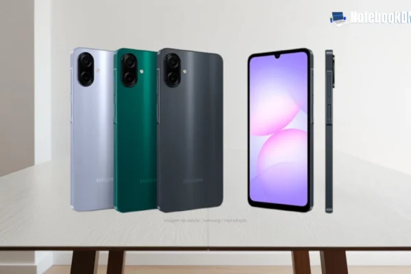 Samsung Galaxy A07 2026 com tela de 6,7 polegadas exibindo Android 15
