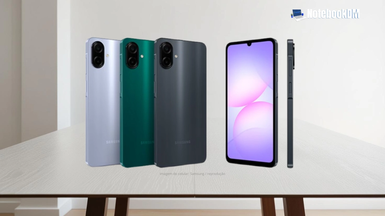 Samsung Galaxy A07 2026 com tela de 6,7 polegadas exibindo Android 15