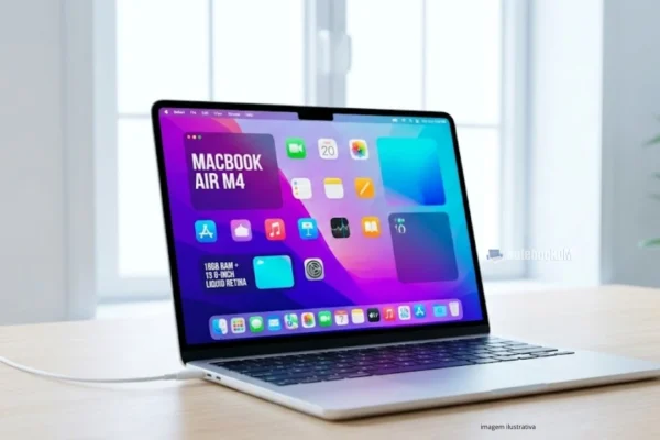 MacBook Air M4 com 16GB de RAM e tela Liquid Retina de 13,6 polegadas em mesa minimalista