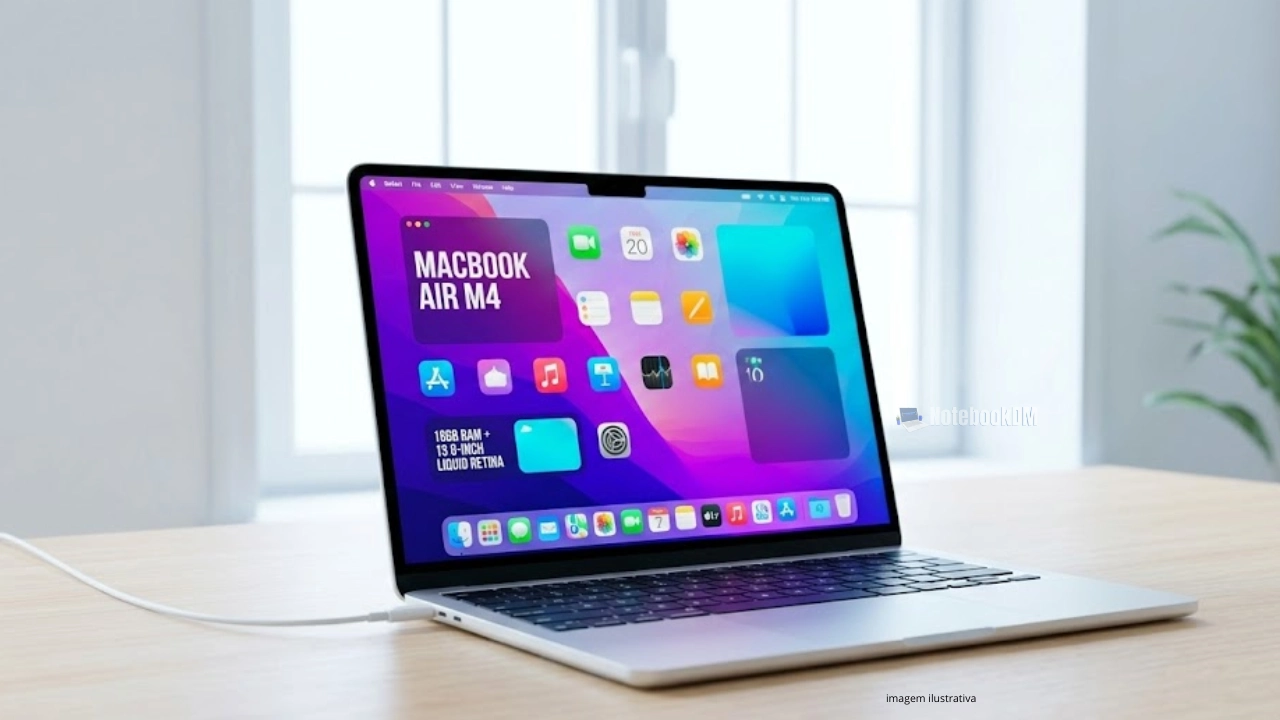 MacBook Air M4 com 16GB de RAM e tela Liquid Retina de 13,6 polegadas em mesa minimalista