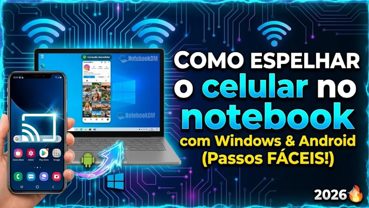 Tela de celular Android sendo espelhada em notebook com Windows 10 via Wi-Fi sem cabo