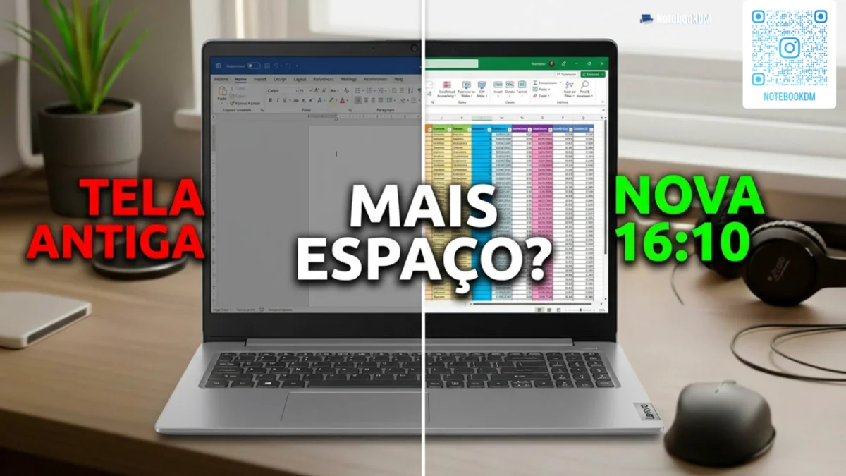 Notebook Lenovo IdeaPad Slim 3 aberto mostrando tela IPS de proporção vertical ideal para contadores e planilhas de contabilidade.