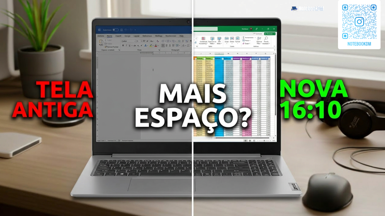 Notebook Lenovo IdeaPad Slim 3 aberto mostrando tela IPS de proporção vertical ideal para contadores e planilhas de contabilidade.