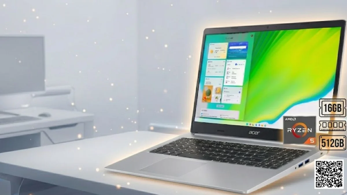 Notebook Acer Aspire 5 com processador Ryzen 5 5500U aberto sobre mesa