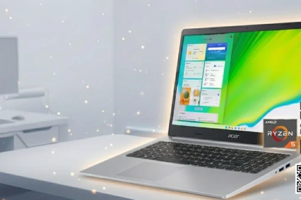 Notebook Acer Aspire 5 com processador Ryzen 5 5500U aberto sobre mesa