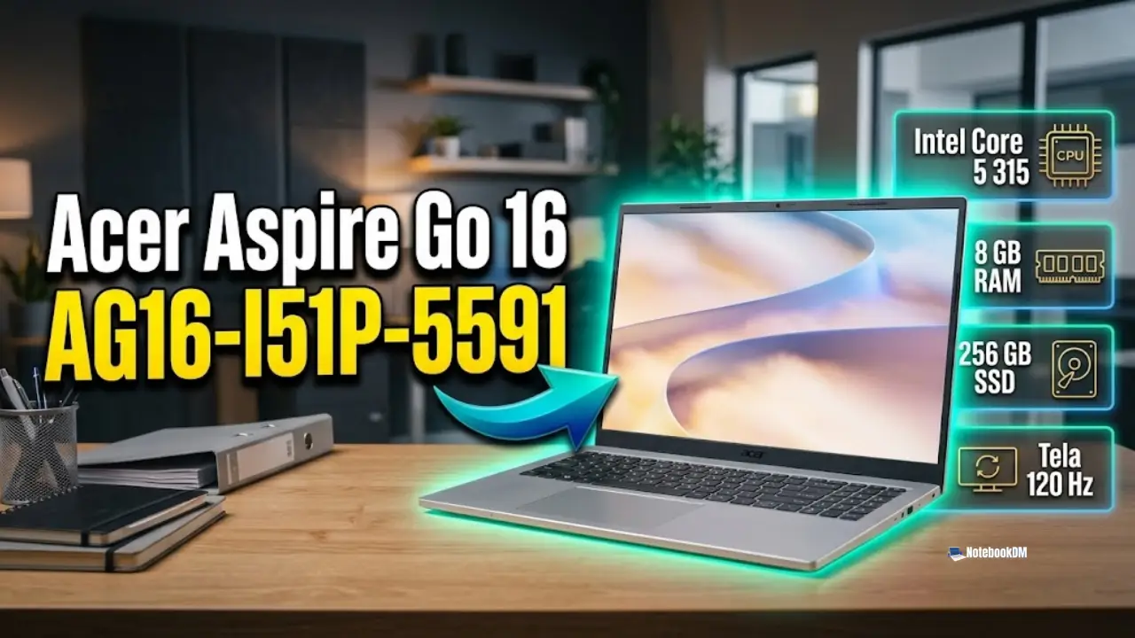 Acer Aspire Go 16 AG16-I51P-5591: Intel Core 5 315, Tela IPS de 120 Hz, 8 GB RAM DDR5 e SSD 256 GB
