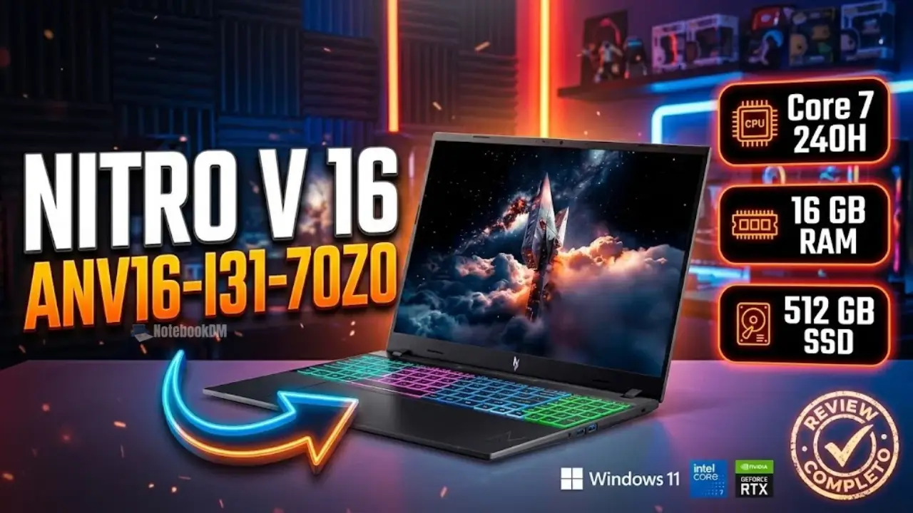 Acer Nitro ANV16-I31-70Z0 é bom por ter Intel Core 7 240H. 16GB RAM. 512GB e RTX5060